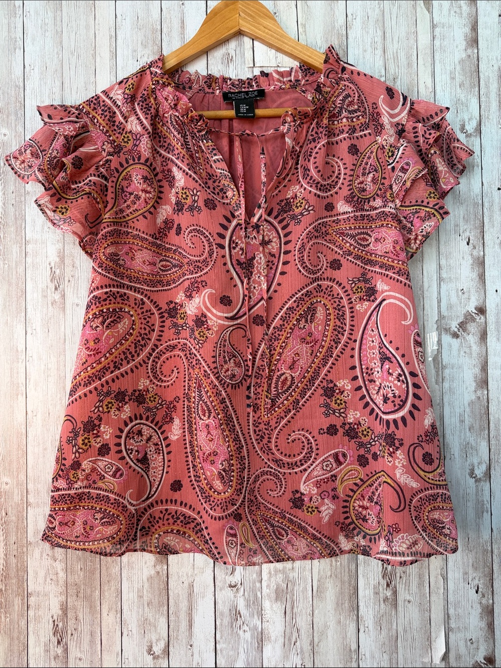Rachel Zoe Boho Chic Blouse sz Medium Paisley Ruffled Sleeves V-Neck Front Tie